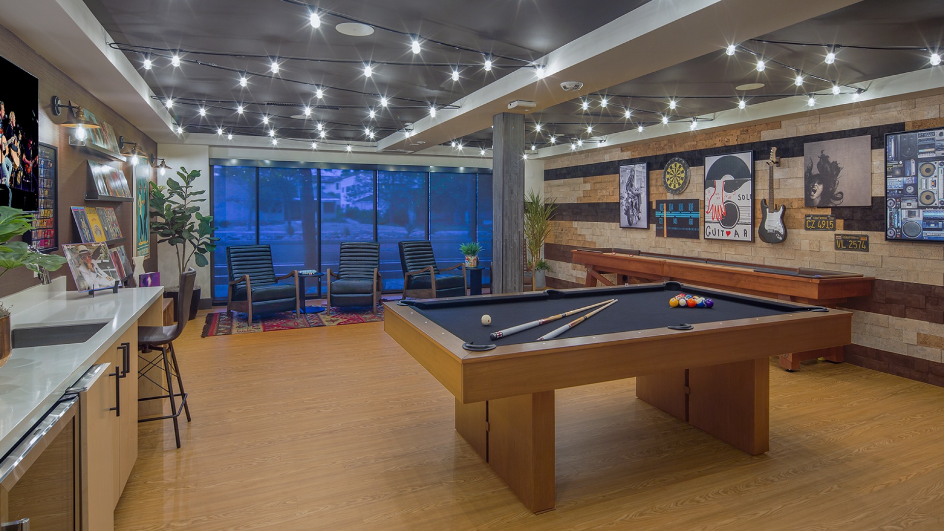 Entertainment lounge with pool and shuffleboard