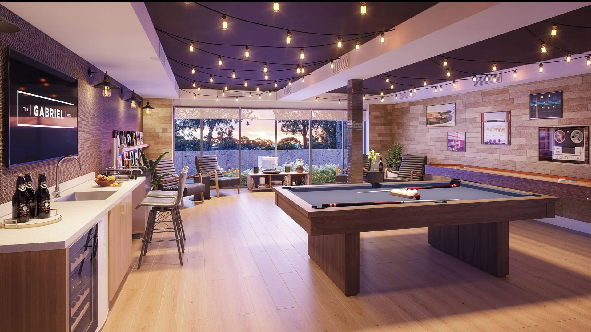 rendering of lounge room with a pool table, shuffleboard and bright lighting from windows